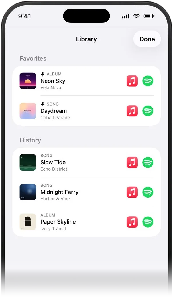 The library screen with pinned favorites above a scrollable history of recent conversions